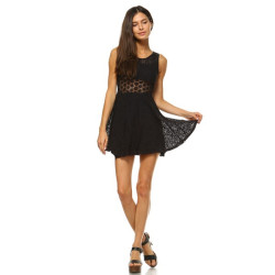 White Mark 827-01-M Fit and Flare Crochete Lace insert Dress&#44; Black - Medium