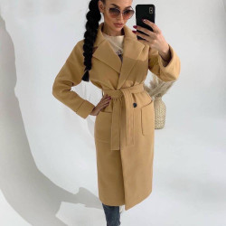 Early Spring Autumn Winter Long Woollen Coat Women 2 Pockets Lightweight Loose Belt Lapel Below Knee Length Black Khaki Grey New