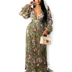Women's Summer Sexy Big V-Neck Printed Long Skirt,Pleated Long Skirt Women's Summer Sexy Big V-Neck Printed Long Skirt,Pleated Long Skirt