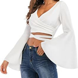 Women's Sexy Tie Up Crop Top Ladies Flared Sleeve Deep V Neck Casual Basic T Shirt Women's Sexy Tie Up Crop Top Ladies Flared Sleeve Deep V Neck Casual Basic T Shirt