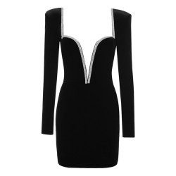 Winter Sexy V-neck Long Sleeve Diamond Backless Black Velvet Bodycon Mini Dress 2022 New Women Celebrity Evening Party Vestidos Winter Sexy V-neck Long Sleeve Diamond Backless Black Velvet Bodycon Mini Dress 2022 New Women Celebrity Evening Party Vestidos