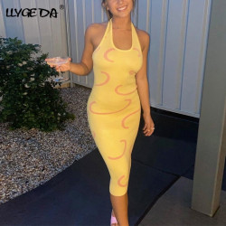 Knitted Halter Summer Dress Women U-Neck Sleeveless Backless Female Midi Lace Up Dresses 2021 Fashion Ladies Sexy Yellow Vestido Knitted Halter Summer Dress Women U-Neck Sleeveless Backless Female Midi Lace Up Dresses 2021 Fashion Ladies Sexy Yellow Vestido