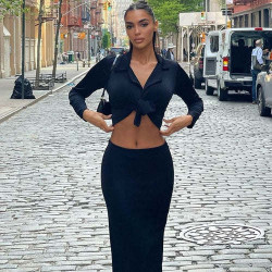 Sexy Two Piece Set Solid Long Sleeve Knotted Shirt Maxi Skirts Womens Sexy Two Piece Set Solid Long Sleeve Knotted Shirt Maxi Skirts Womens