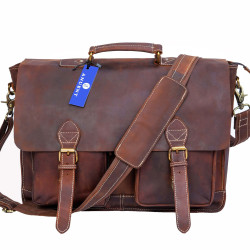 Anuent Handmade Brown Leather Laptop Bag With 2 Pockets.