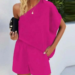 Summer Woman Casual Chic Colorblock Print One Shoulder Batwing Sleeve