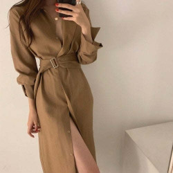 Chic Slim Fit Shirt Dress Office Ladies Long Sleeve A line Casual Midi