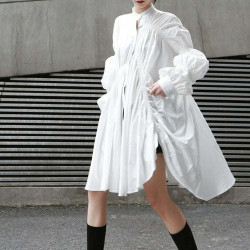 Fashion Simple Irregular Ruched Lantern Sleeves Swing Shirt Dress