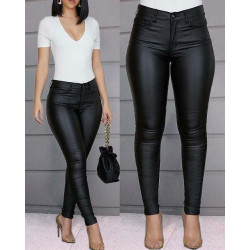 Women's Slim Pencil Pants Casual Buttoned Solid Coated Pu Pants - Women's Slim Pencil Pants Casual Buttoned Solid Coated Pu Pants -